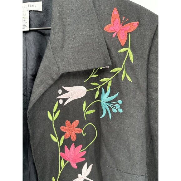Pursuits linen Blazer Women 16 Black Floral Embroidered Long Sleeve Open Front - Picture 4 of 11